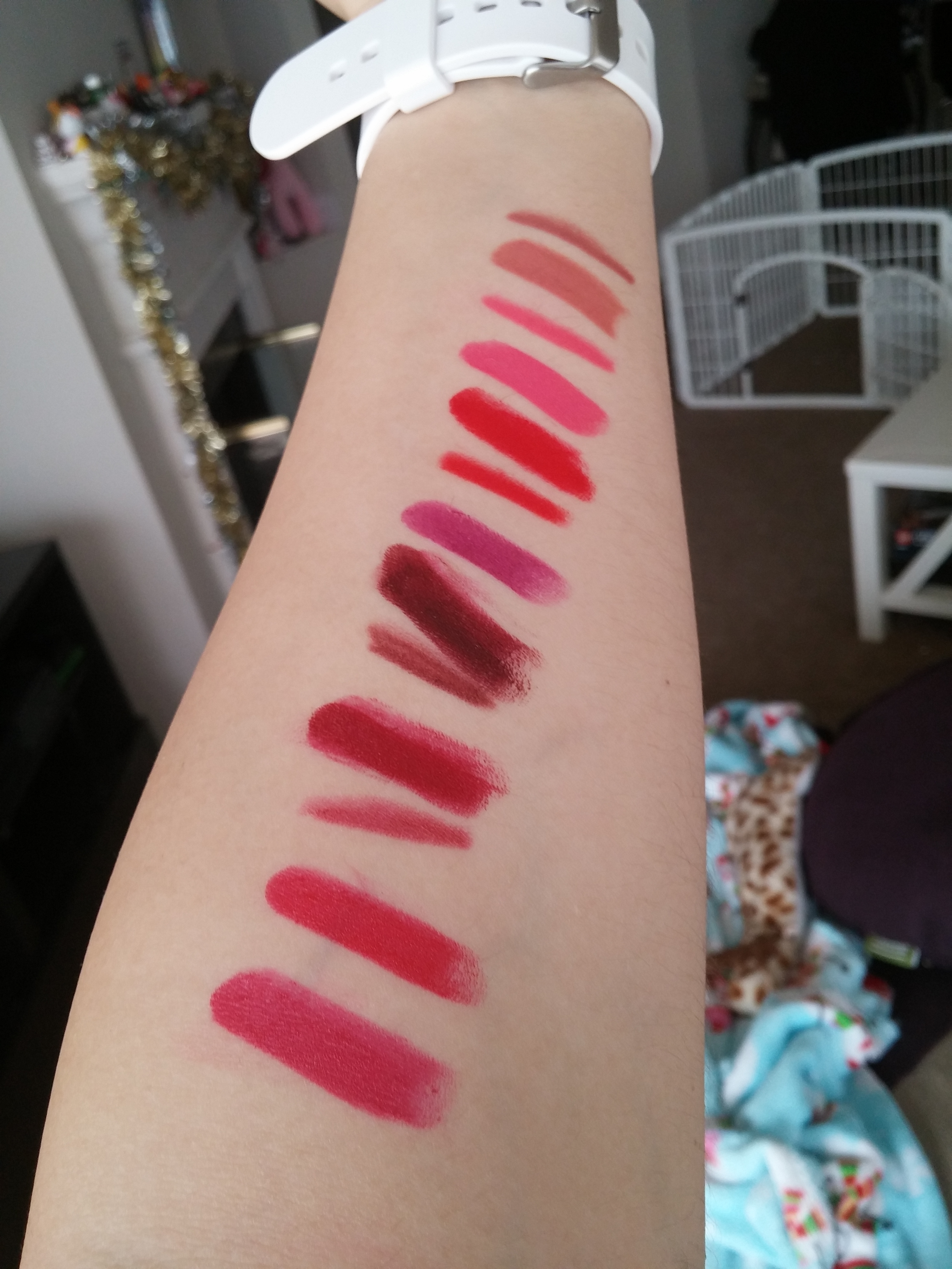 Right to left: Brink (lip pencil and lippie stix) Punky (pencil and lippie stix), Frenchie (pencil and lippie stix)n Flawless lippie stix, Dalia (lippie stix and pencil) Bichette (lippie stix and pencil) Bossy lippie stix, and I <3 THIS lippie stix.